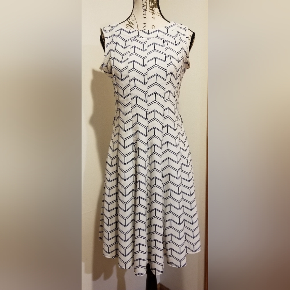 HAANI Blue White Sleeveless Chevron Pleated Flare Dress Petite Small Geometric